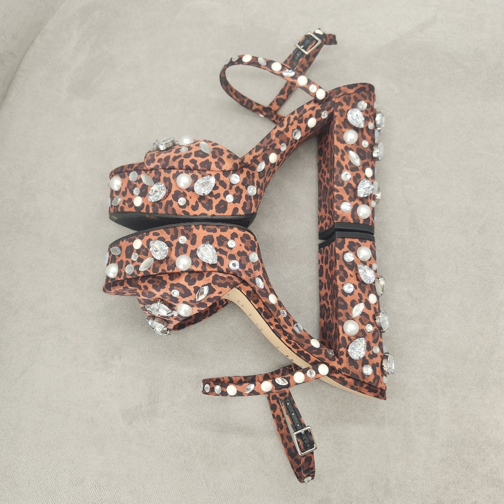 Gianni Bini Platform Sandals 8 Brown Leopard Satin Calvan Two Jeweled New $150 - Picture 9 of 17